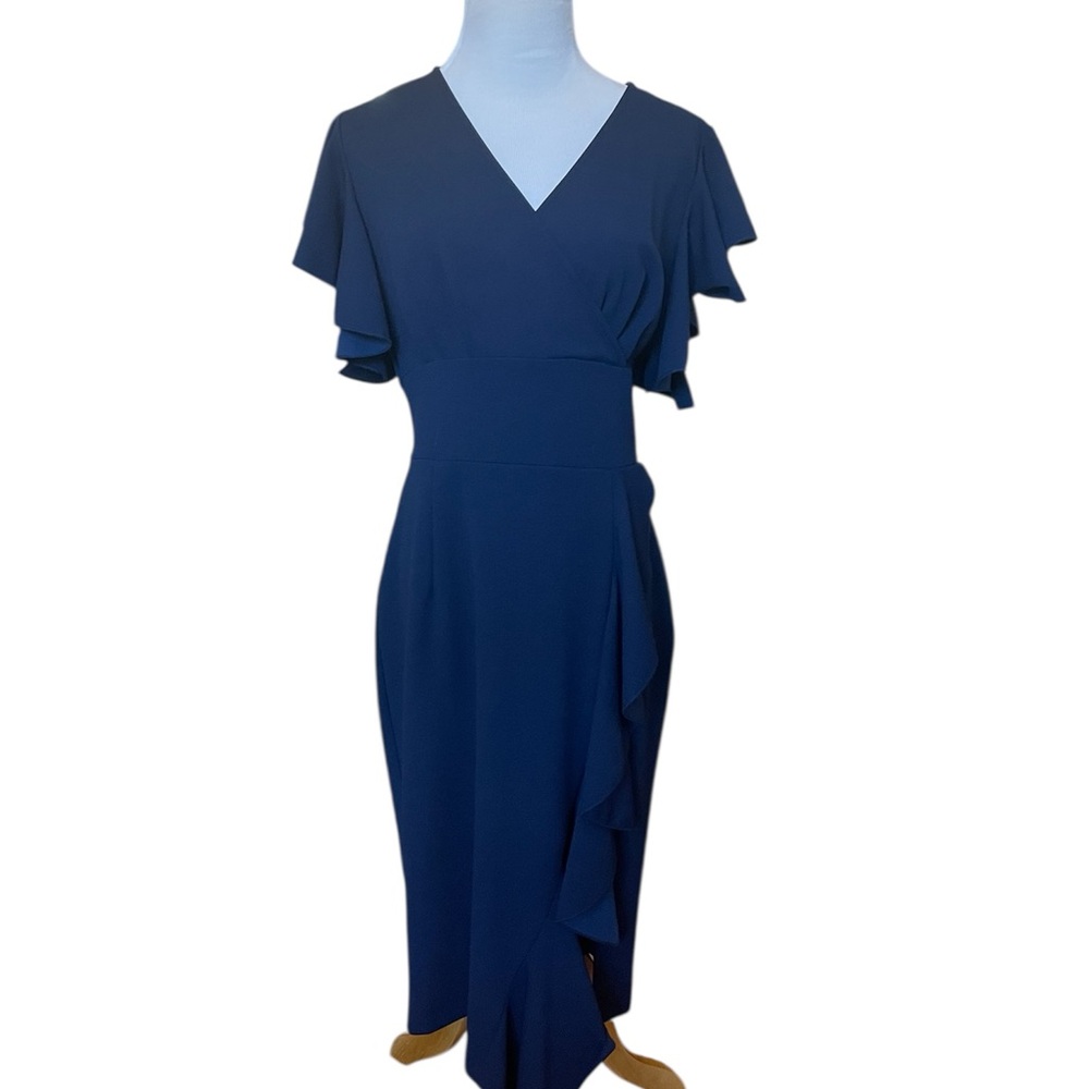 Elegant Navy Blue Ruffle Dress - Size L